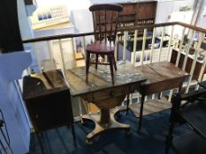 A Victorian burr walnut work table, child's chair, sewing box and bedside cabinet