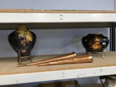 Two vases and a pair of copper hunting horns