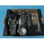 A silver mounted tortoise shell vanity set and a part silver cruet etc.