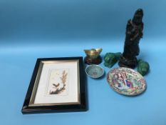 A pair of malachite carved lions, a jade figure, two Chinese dishes etc.