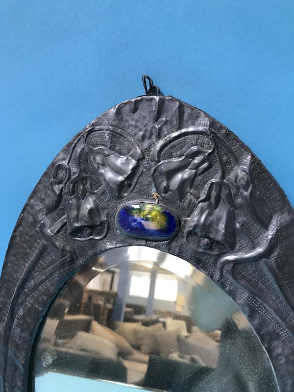 An Art Nouveau oval pewter mirror, inset with coloured enamel cabochon, 37 x 24cm - Image 2 of 2