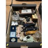 A tray of assorted, to include a Russian cigarette box and opera glasses etc.