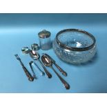 Silver napkin rings, silver top jam pot etc.