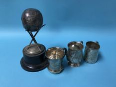 Three silver tankards and a bowling trophy, 12.5oz