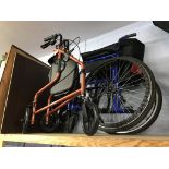 A wheelchair and a walking frame