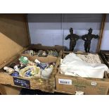 Three trays of assorted and a pair of spelter figures