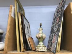 A pair of Capo Di Monte lamps, various prints and a wall clock
