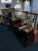 A cheval mirror, two piano stools and linen box etc.