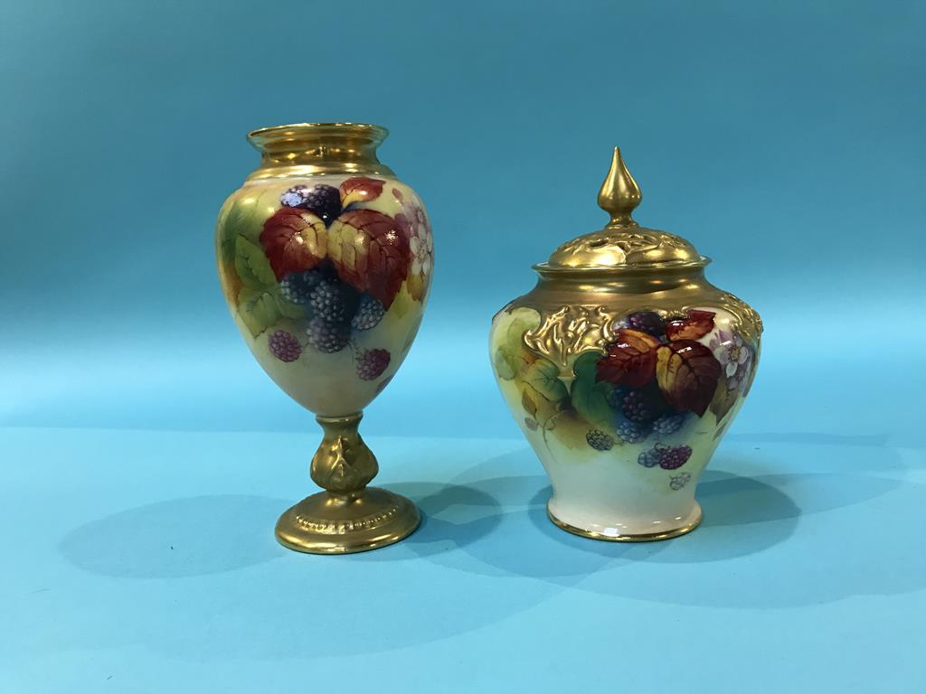 A Royal Worcester pot pourri by Kitty Blake, decorated with autumnal blackberries, 13cm height and