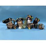 Five Royal Doulton character jugs, 'Biddy Penny Farthing' figure and 'The Balloon Man' figure (7)