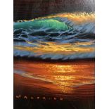 Walfrido Garcia, oil on surf board, signed, 'Sunset Wave', (with certificate), 116cm x 25cm
