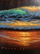 Walfrido Garcia, oil on surf board, signed, 'Sunset Wave', (with certificate), 116cm x 25cm