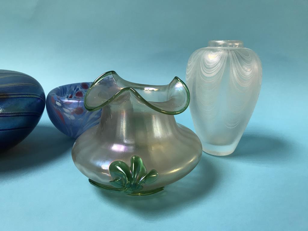 A Siddy Langley Art Glass vase, 16cm diameter, a Sanders and Wallace Art Glass vase, 14cm and two - Image 3 of 3