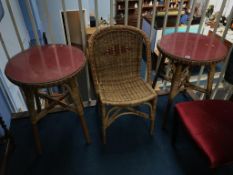 A pair of basket weave tables and a chair