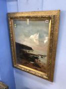 A gilt framed oil, Seascape, F.R., 61cm x 45cm