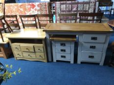 An oak TV chest, modern dressing table and bedside chest