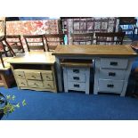 An oak TV chest, modern dressing table and bedside chest