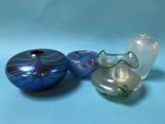 A Siddy Langley Art Glass vase, 16cm diameter, a Sanders and Wallace Art Glass vase, 14cm and two