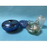 A Siddy Langley Art Glass vase, 16cm diameter, a Sanders and Wallace Art Glass vase, 14cm and two