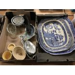 Two trays of blue and white meat plates, jelly moulds etc.