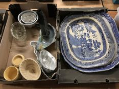 Two trays of blue and white meat plates, jelly moulds etc.