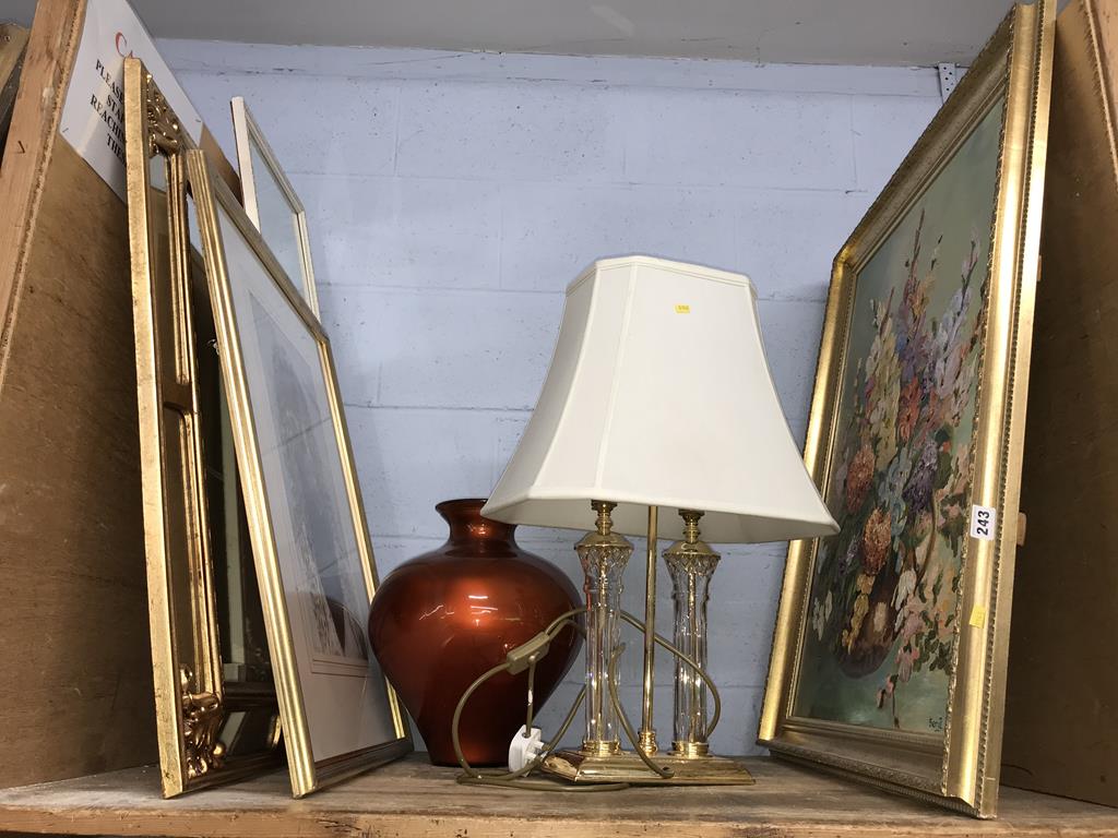 Gilt framed pictures, mirrors and a lamp