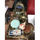 A brass mirror, copper dish etc.