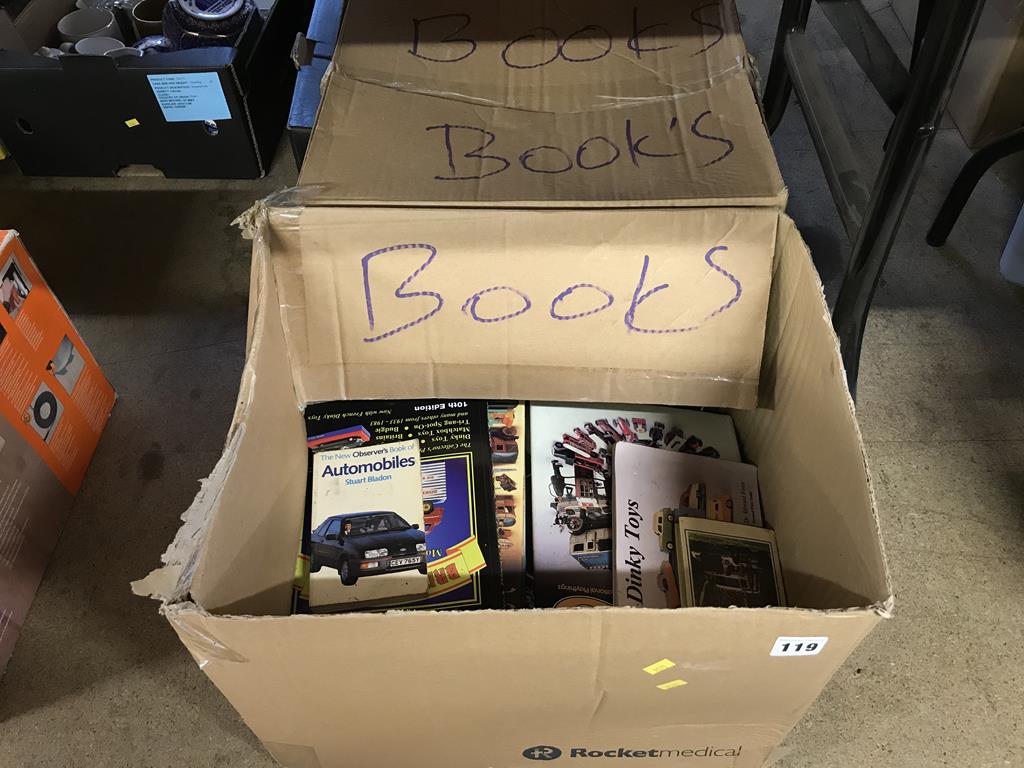 Two boxes of books, Die Cast collectors guides etc.