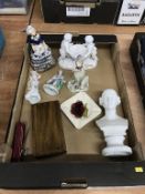 A tray of assorted, bisque bust and Moorcroft ashtray etc.