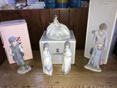 Two boxed Lladro figures and three Nao figures