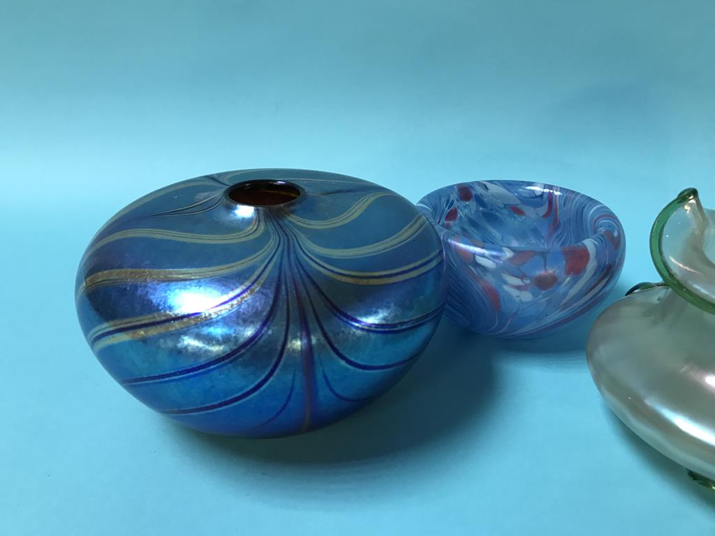 A Siddy Langley Art Glass vase, 16cm diameter, a Sanders and Wallace Art Glass vase, 14cm and two - Image 2 of 3