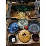 Two boxes of studio pottery and glass