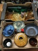 Two boxes of studio pottery and glass
