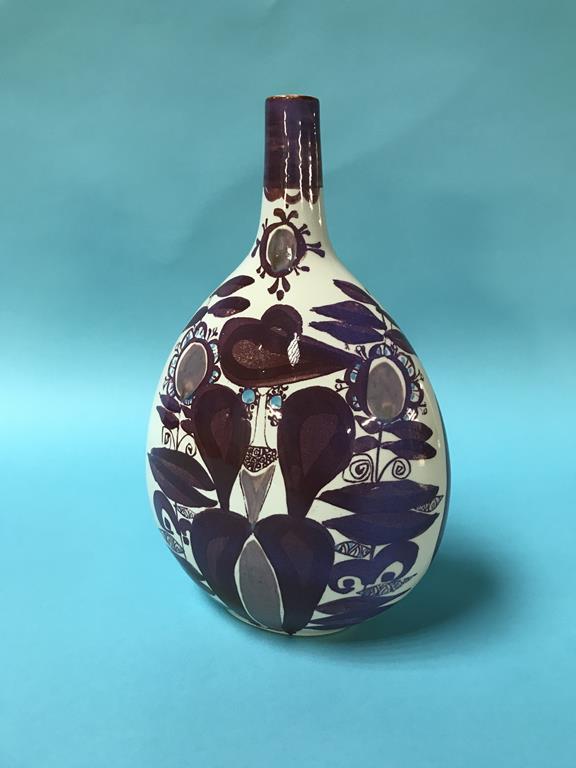 A faience bottle vase, by Kari Christensen, for Royal Copenhagen, Denmark, decorated with stylised