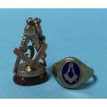A 9ct gold Masonic ring and fob, 11 grams total