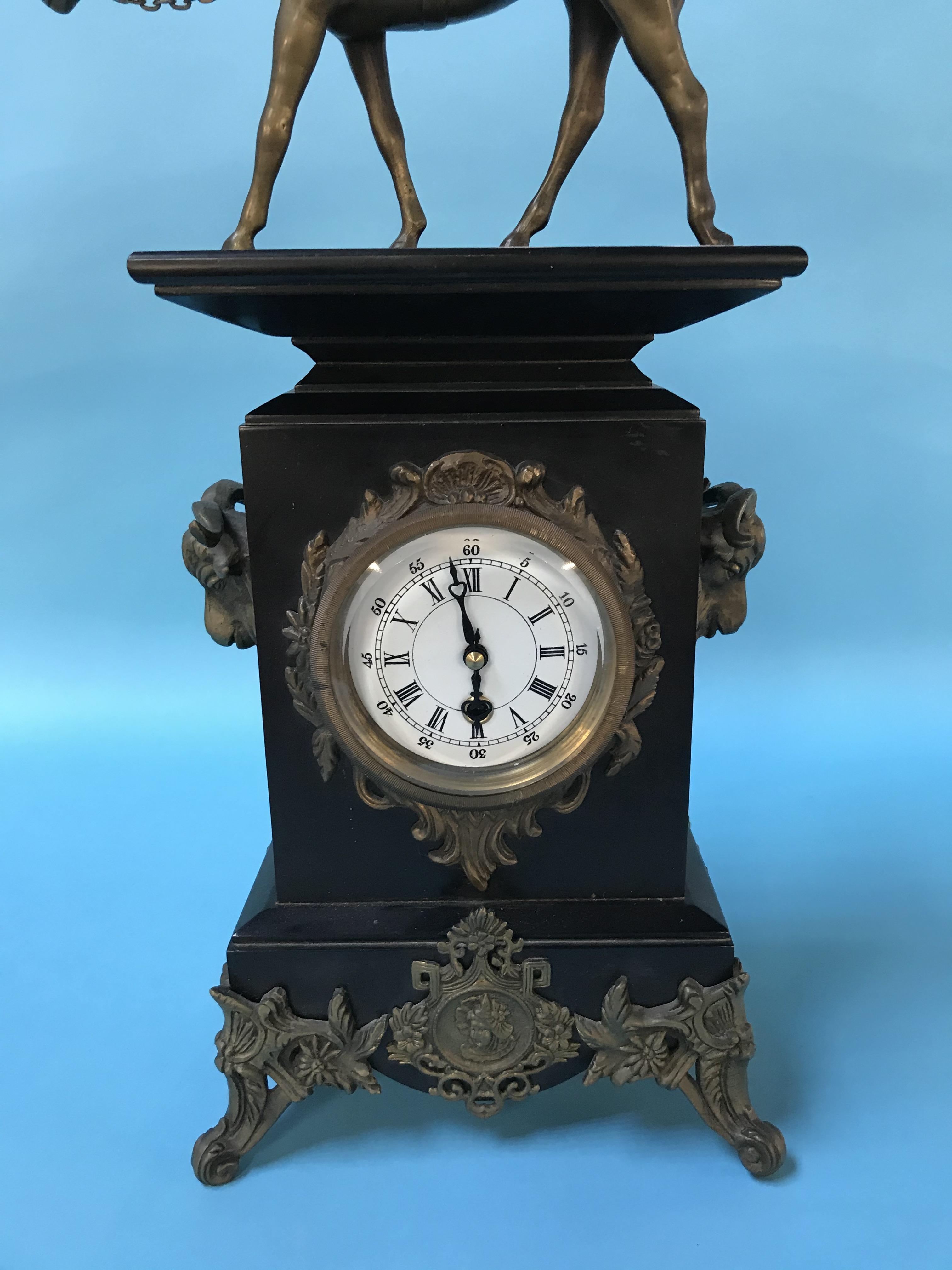 A slate mantel clock, surmounted with a brass horse and Jockey - Image 2 of 5