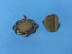 A sovereign ring, 8.5 grams and a half sovereign mounted in a pendant, 8.5 grams