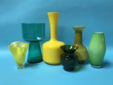 Six pieces of coloured glassware