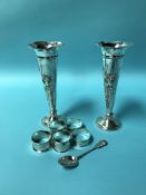 Pair of silver spill vases , five napkin rings and a tea spoon