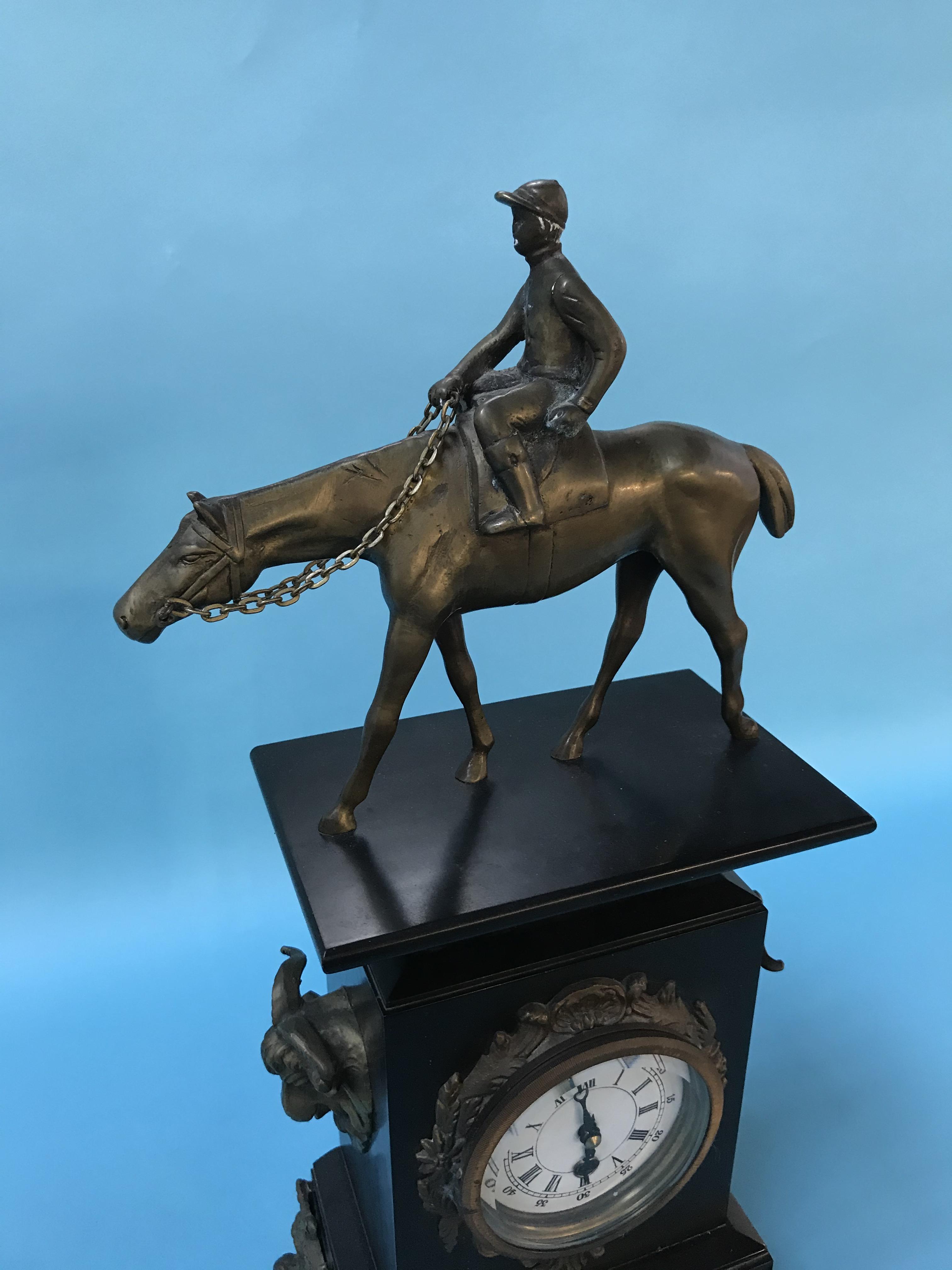 A slate mantel clock, surmounted with a brass horse and Jockey - Image 3 of 5