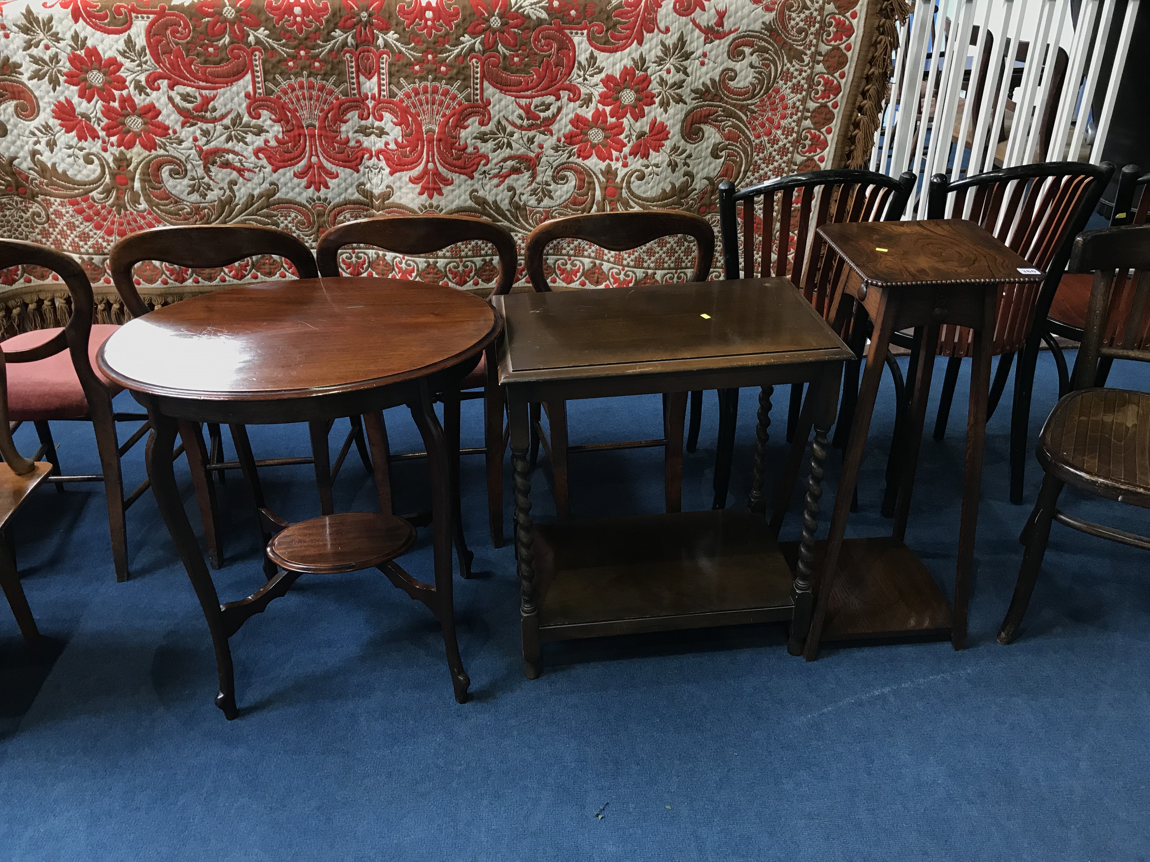 Two occasional tables and an oak pedestal