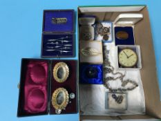A box of assorted to include drawing instruments, costume jewellery etc.