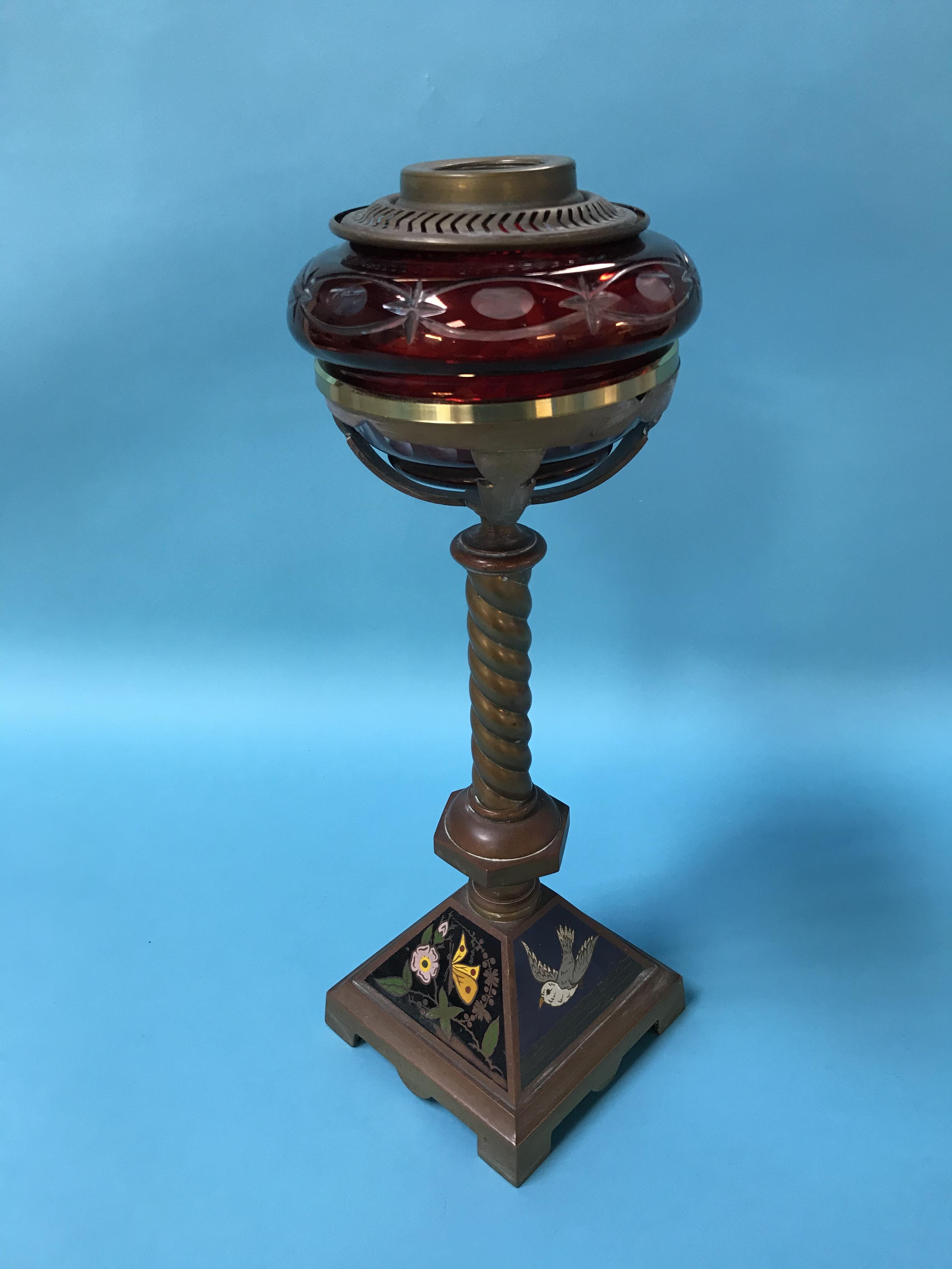 An oil lamp, with ruby coloured reservoir - Image 2 of 2