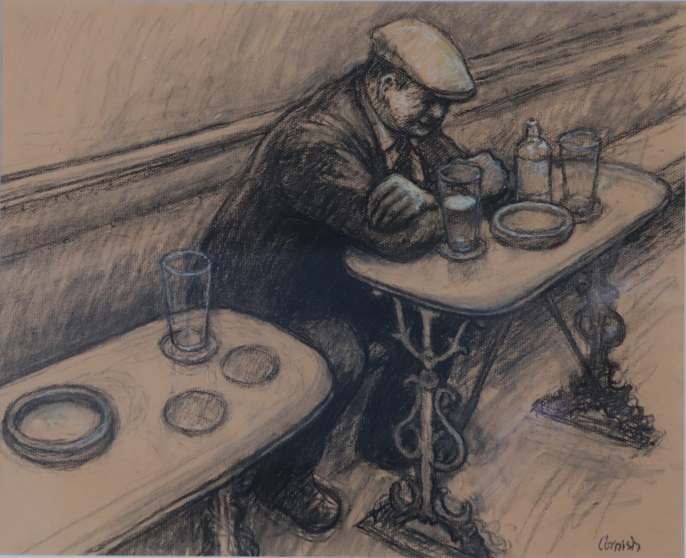 Norman Cornish (1919-2014), oil pastel on paper, signed, 'Man leaning on table', verso University of