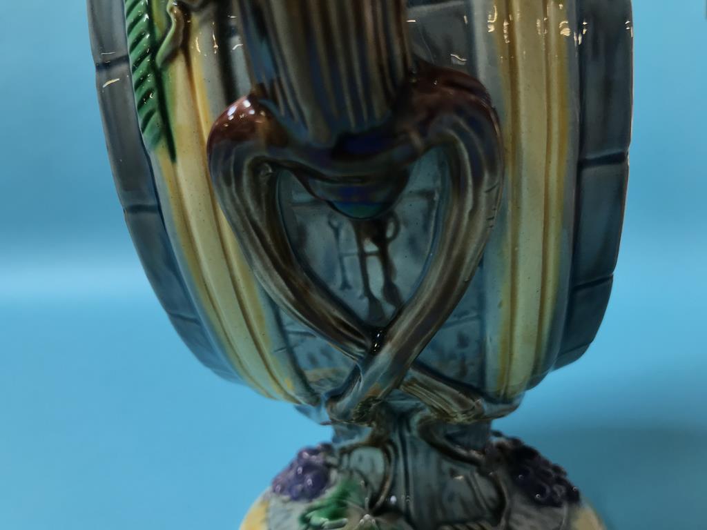 A Minton majolica Bacchanalia ewer by Hughes Protat, shape 900, date code 1862 and a Palissy ware - Image 5 of 7