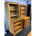 Three pine bookcases and a chest of drawers