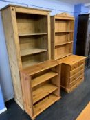 Three pine bookcases and a chest of drawers