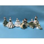 Two Royal Worcester figurines and six Royal Doulton figurines