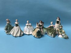 Two Royal Worcester figurines and six Royal Doulton figurines