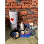 Two large tins of Nusil Silicone Treatment, quantity of pots and lamps etc.